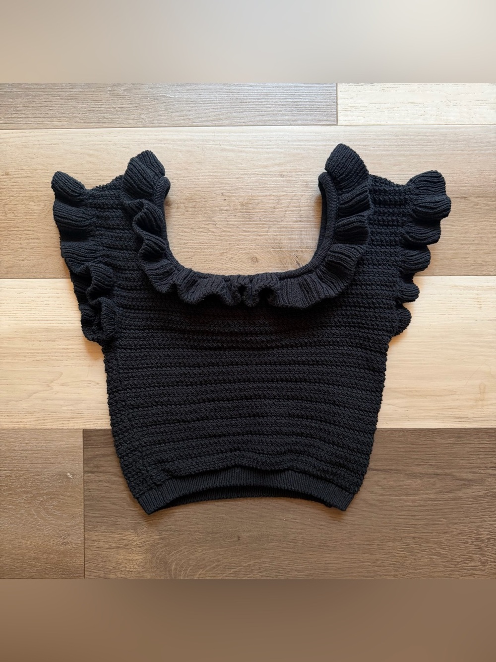H&M Black Ruffle-Trim Sweater Knit Top Cinched Waist Size S